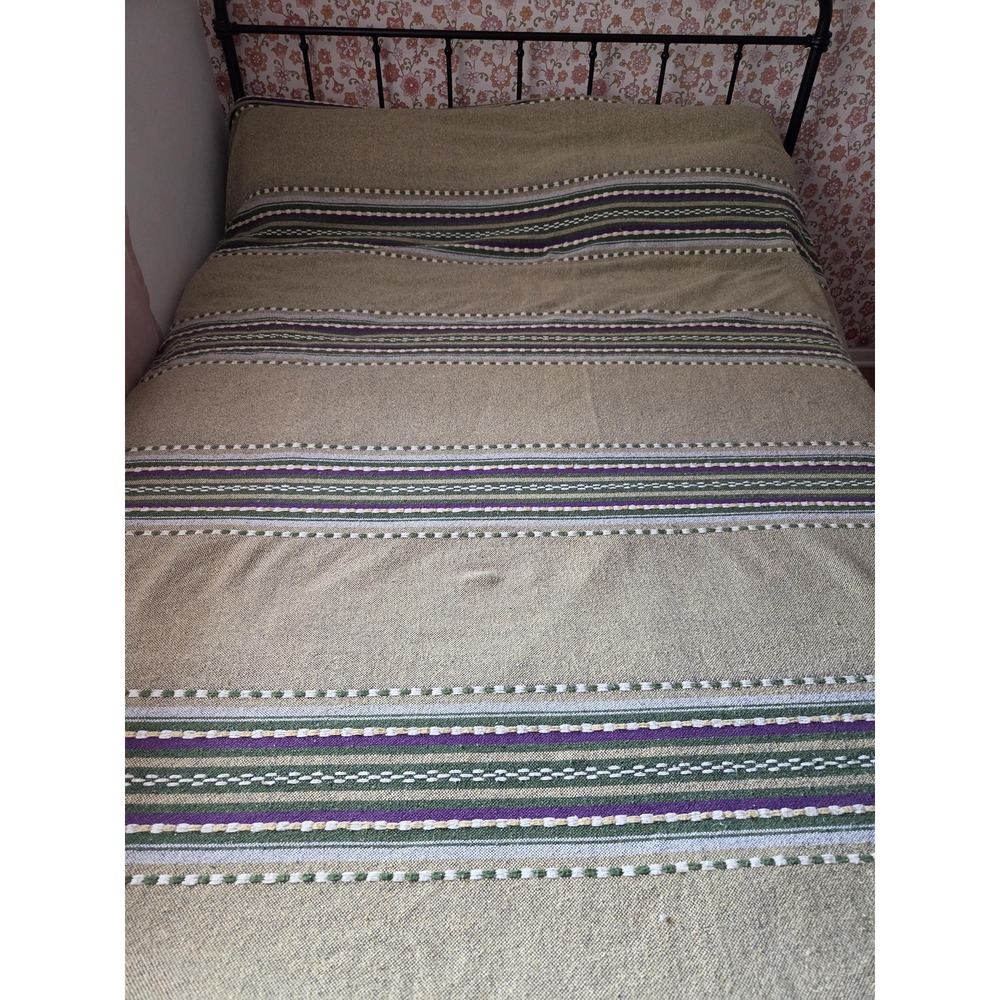 Vintage Woven Bedspread 90x108 Green Purple Stripe Rustic Folk Blanket